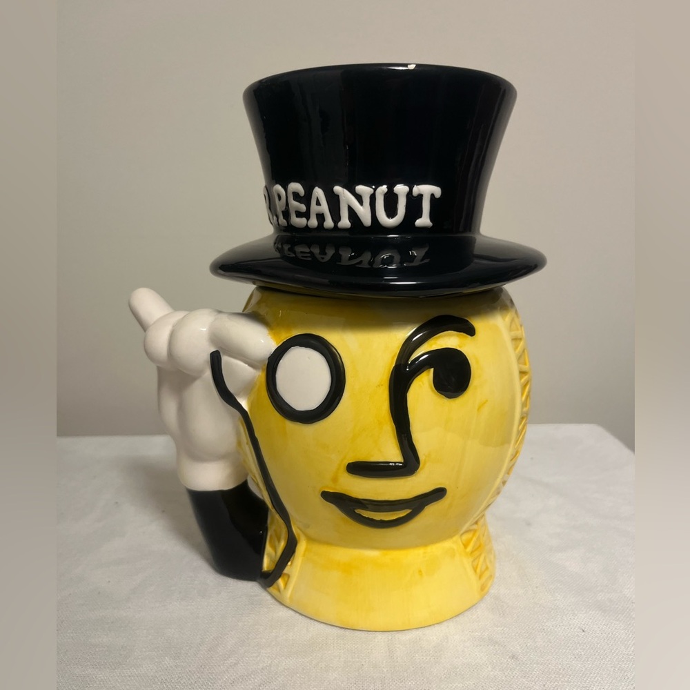VTG CERAMIC MR. PEANUT COOKIE JAR PLANTER W/ ORIGINAL PRODUCT LOGO & DESCRIPTION